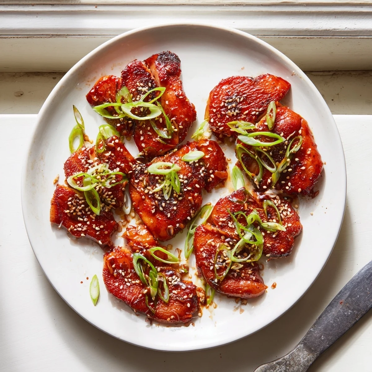 Succulent roasted Chinese-style chicken thighs coated in sticky sweet char siu sauce, garnished with fresh spring onions