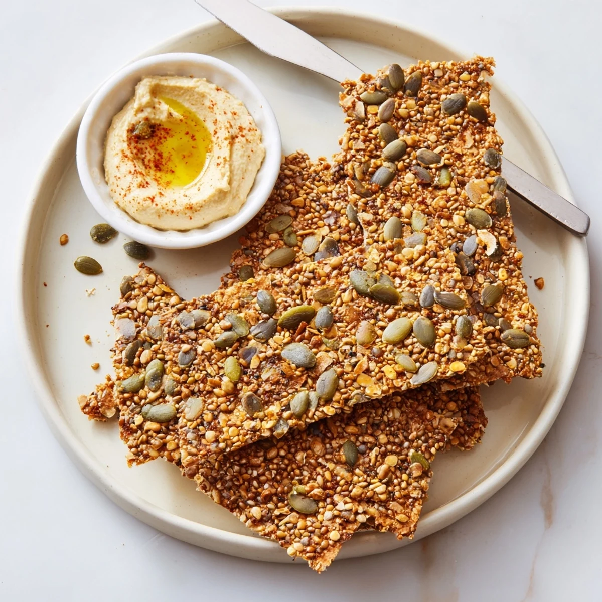 Thin baked Seed Crackers breaking into rustic pieces, nutty, savory, low-carb snack