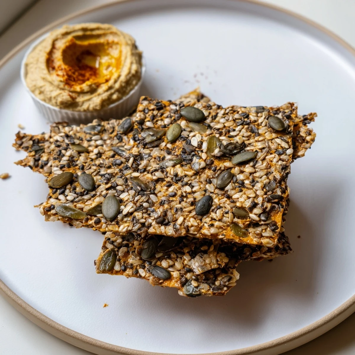 Homemade Seed Crackers arranged beside hummus, herby aroma and crisp texture