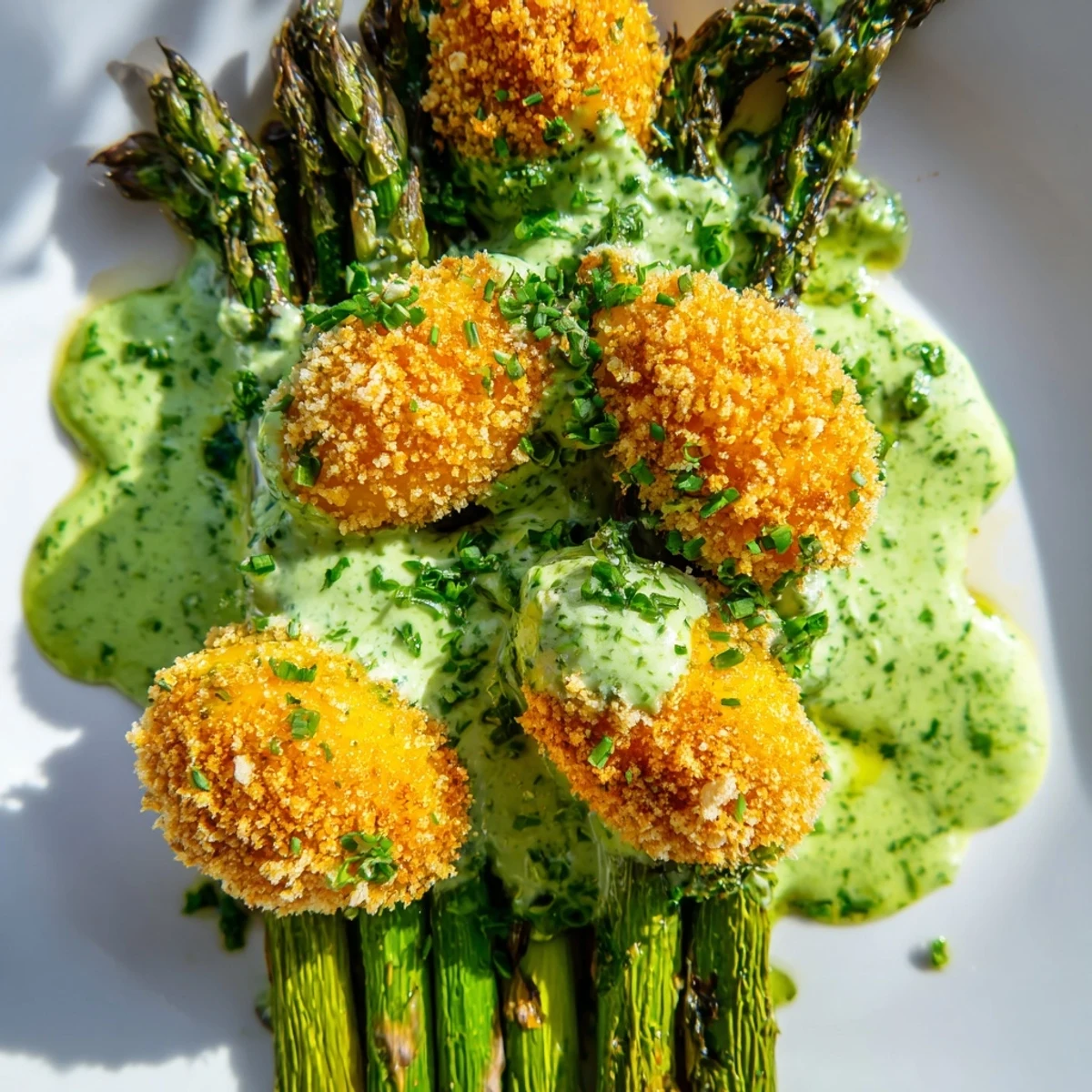 Golden crispy egg yolks atop tender grilled asparagus drizzled with bright green herb sauce