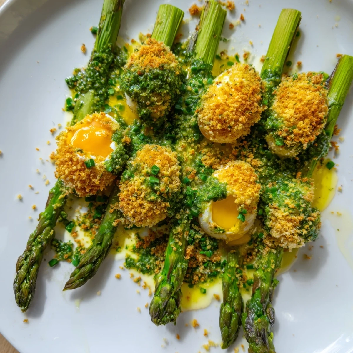 Crispy golden egg yolks resting on asparagus plates finished with fresh parsley and chive sauce