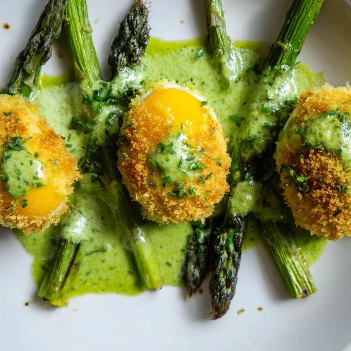Fried breadcrumb-coated egg yolks arranged over charred asparagus spears with lemon herb dressing
