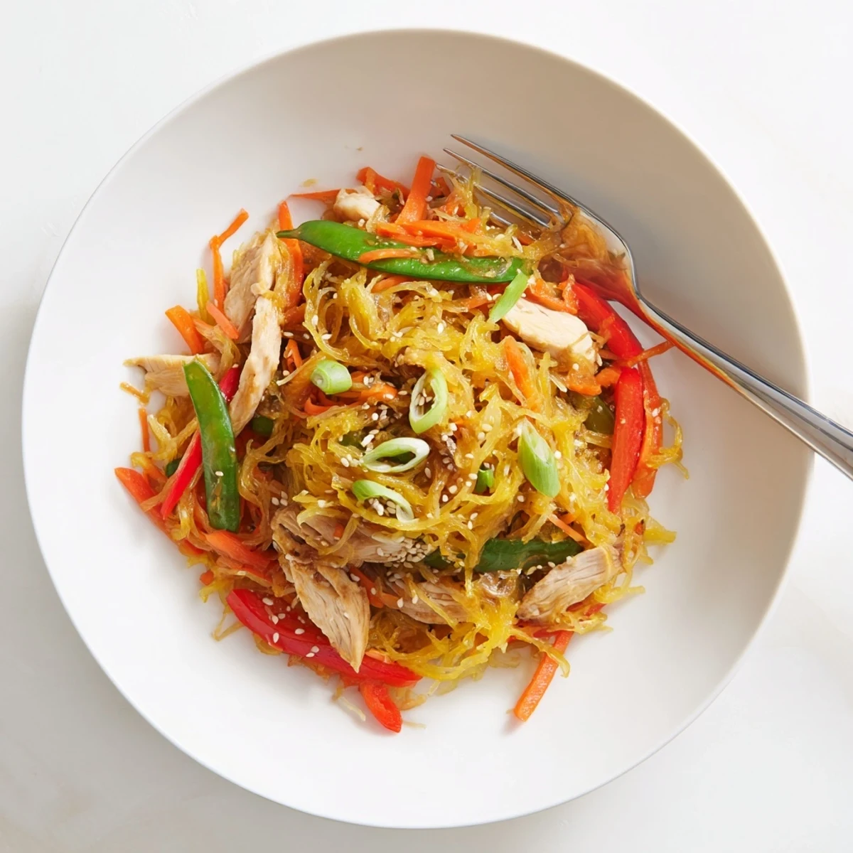 Gluten-free spaghetti squash chicken chow mein with colorful vegetables and savory sesame soy sauce garnished with green onions