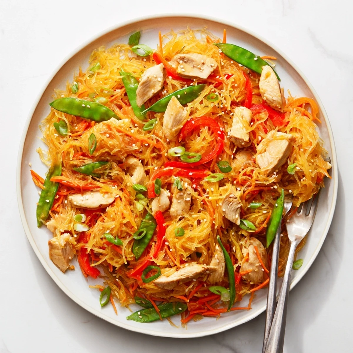 Lighter low carb chow mein featuring shredded spaghetti squash noodles, sliced chicken breast, and vibrant mixed vegetables