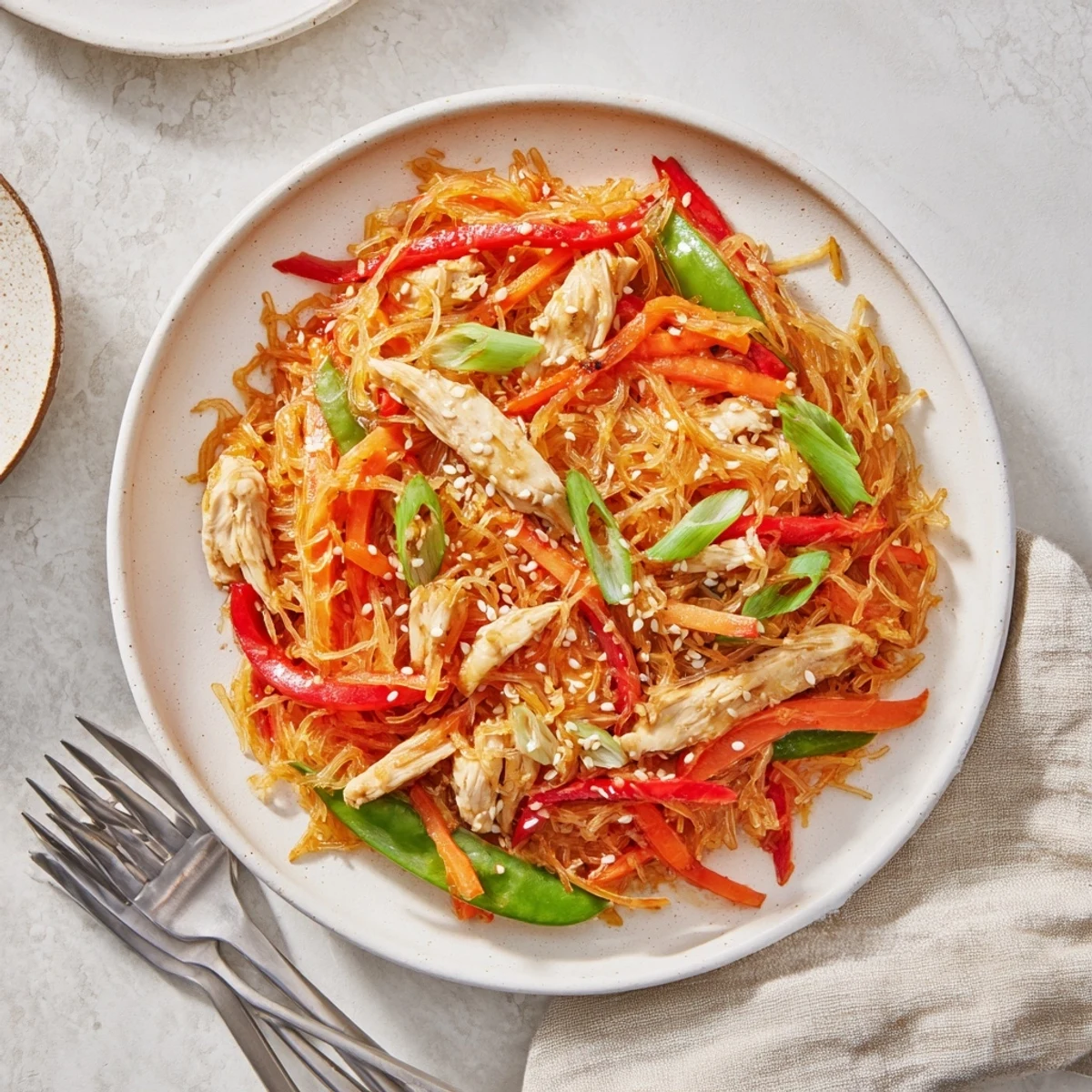 Roasted spaghetti squash strands tossed with tender chicken, crisp bell peppers, and snap peas in Asian-style sauce