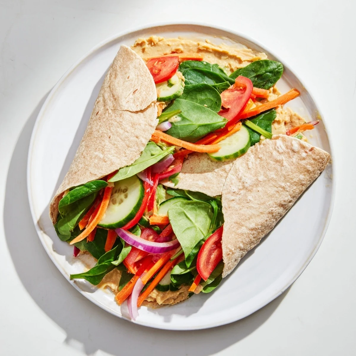 Fresh veggie wrap with hummus showcasing sliced colorful vegetables rolled in whole wheat tortilla
