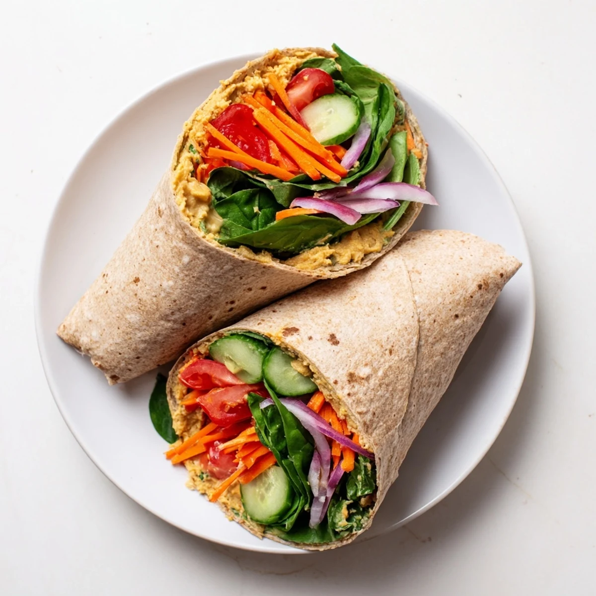 Mediterranean veggie wrap with hummus featuring crisp spinach bell peppers and carrots ready for lunch