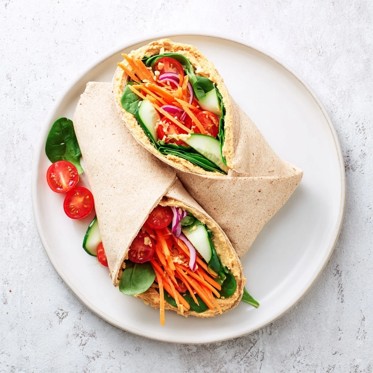 Homemade veggie wrap with hummus diagonally sliced revealing vibrant layers of fresh vegetables and creamy spread