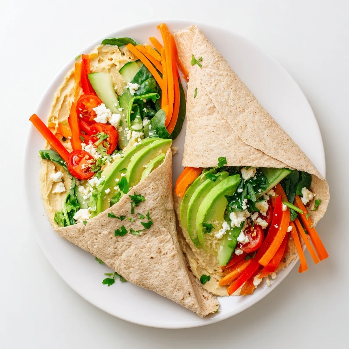 Golden hummus veggie wrap recipe rolled tightly with colorful bell peppers, spinach, and sliced avocado