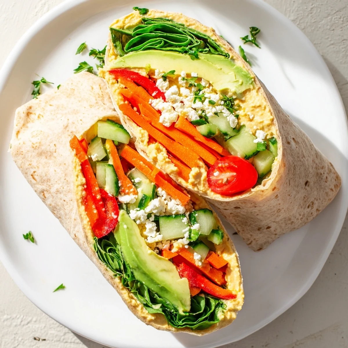 Mediterranean hummus veggie wrap recipe filled with crisp cucumber, shredded carrots, and fresh baby spinach