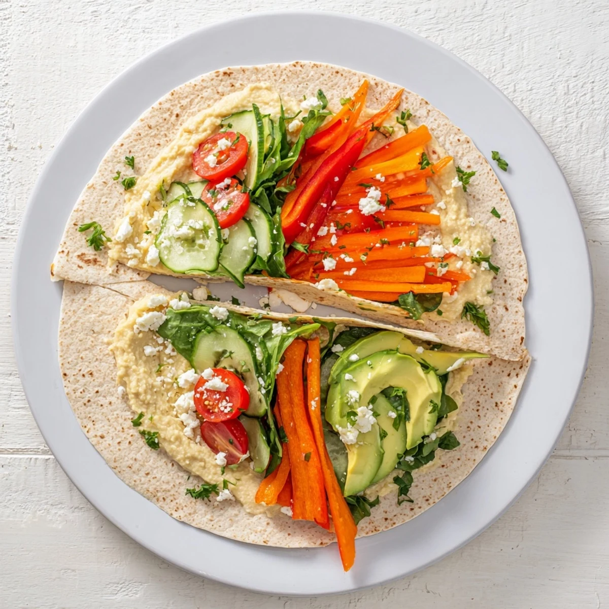 Sliced hummus veggie wrap recipe revealing layers of creamy spread, cherry tomatoes, and crunchy vegetables