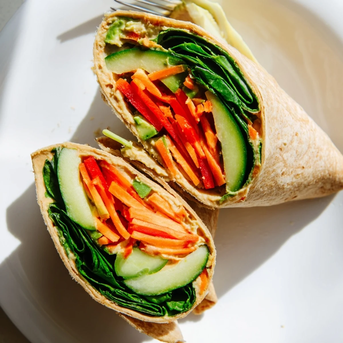 Fresh spinach hummus lunch wraps filled with crisp colorful vegetables rolled in whole wheat tortillas