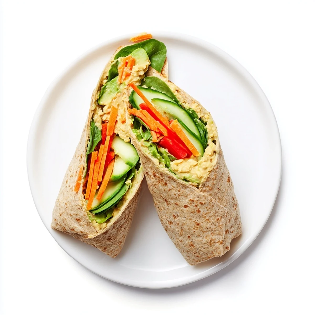 Mediterranean spinach hummus lunch wraps sliced diagonally revealing layers of creamy spread and vibrant veggies