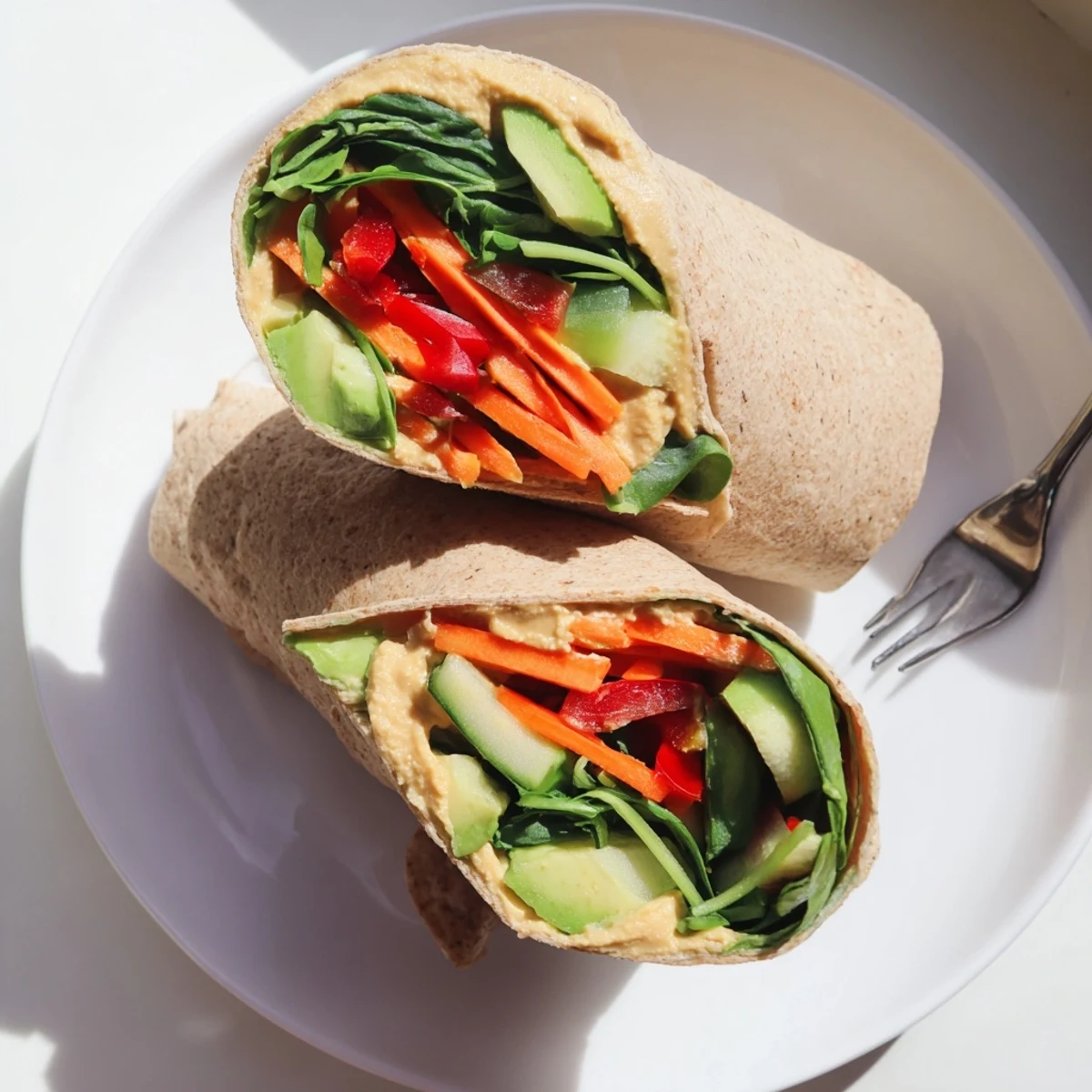 Healthy spinach hummus lunch wraps packed with avocado bell pepper and carrot ready for nutritious meal prep