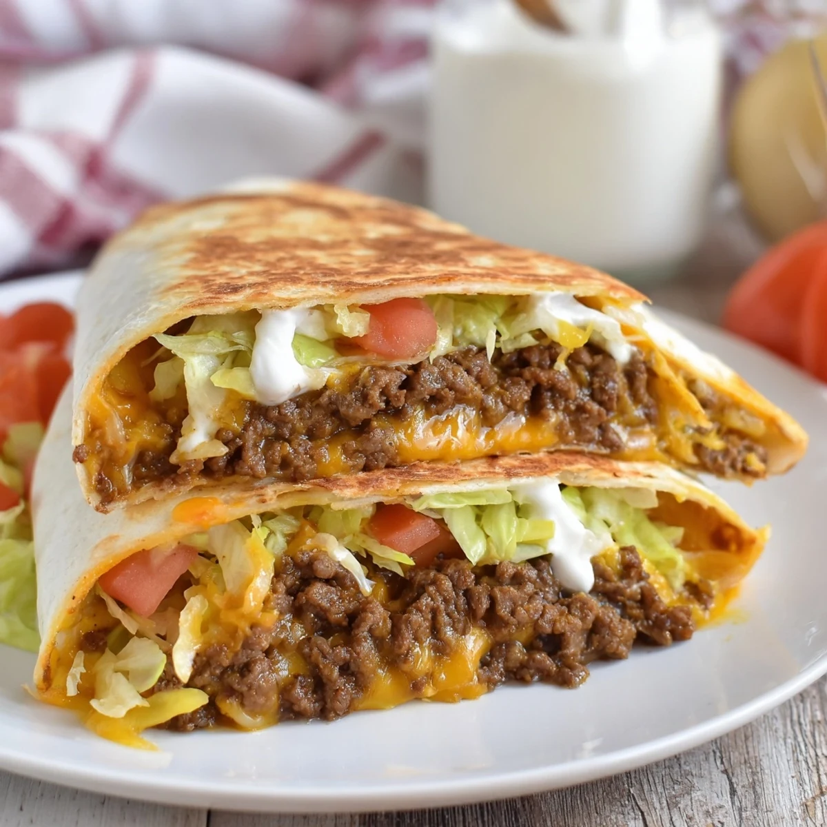 Ultimate Cheesy Beef Crunch Wraps sliced, cheese oozing, golden skillet crisp