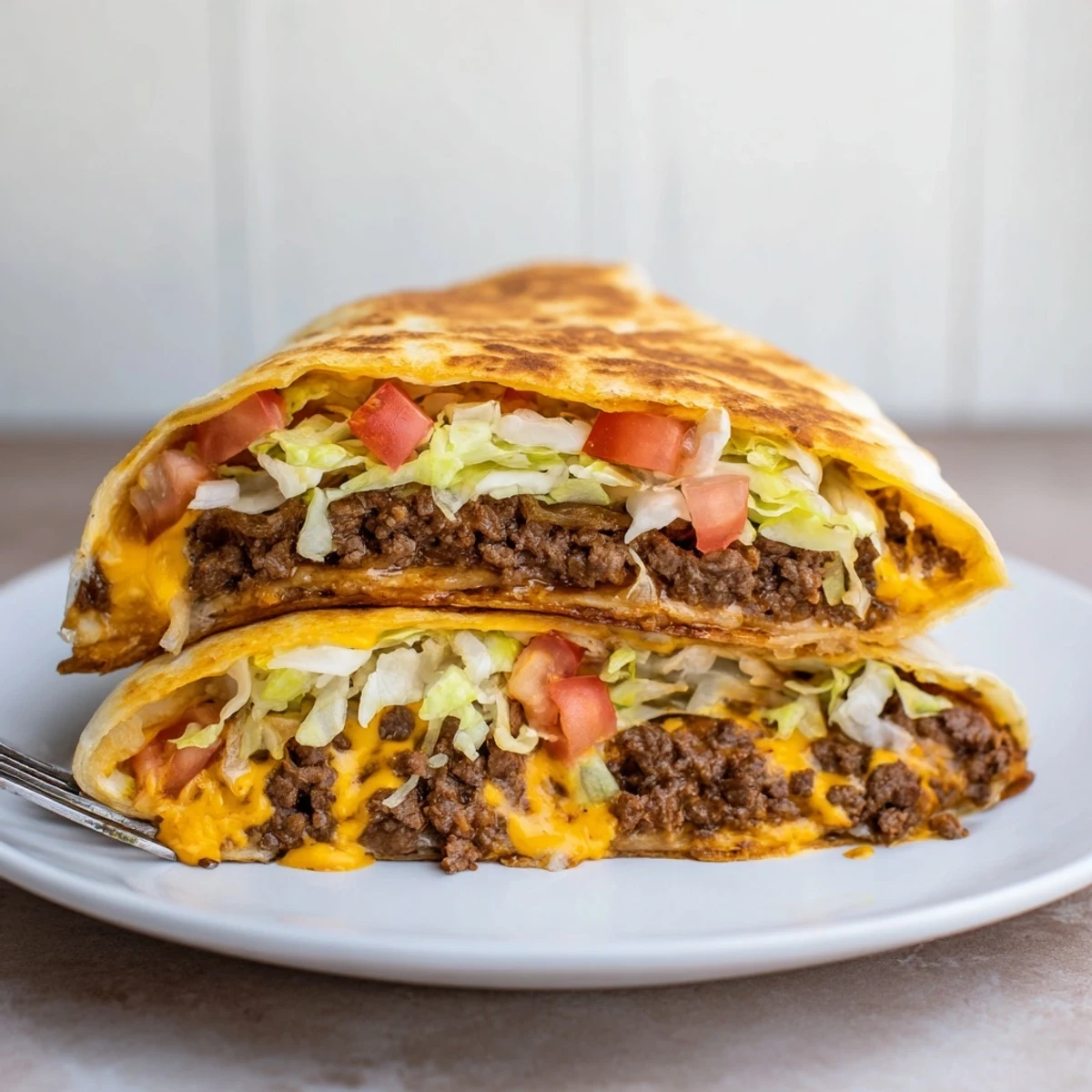 Warm Ultimate Cheesy Beef Crunch Wraps served with bright salsa and guacamole