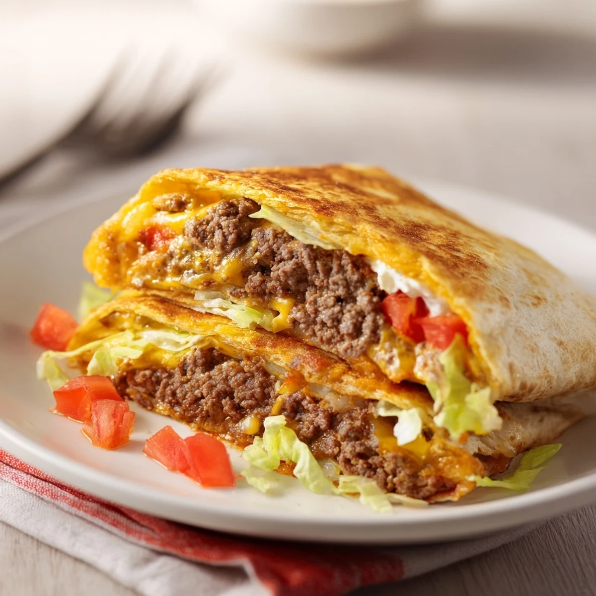 Hands holding Ultimate Cheesy Beef Crunch Wraps, crunchy tostada layer visible