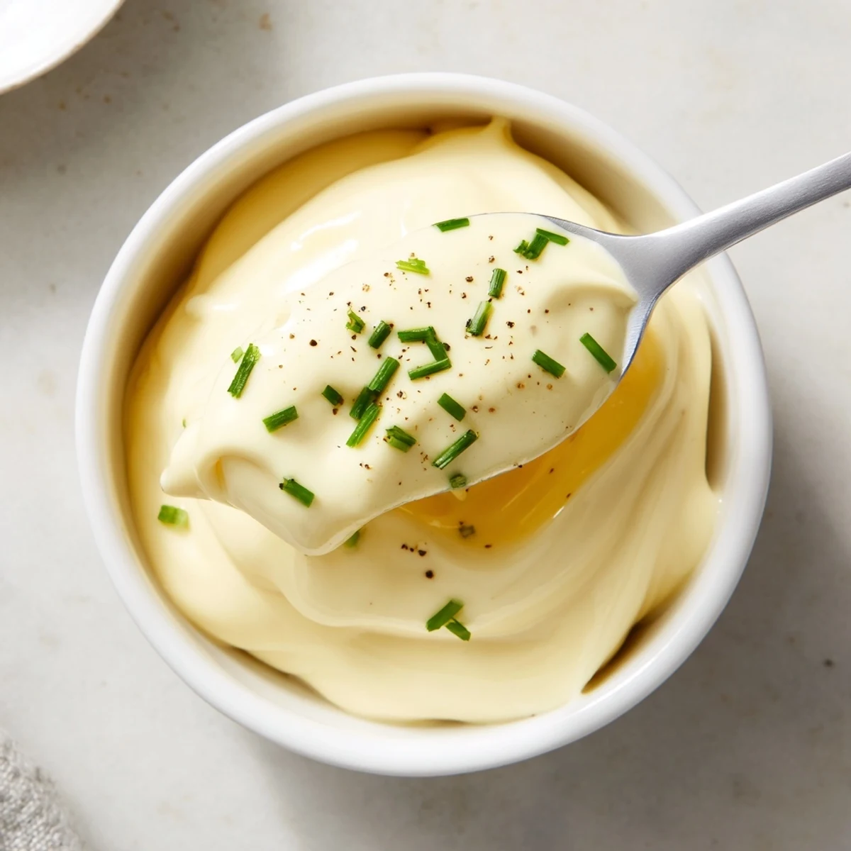 Smooth Creamy Tangy Sauce in measuring cup, zesty mustard and garlic notes