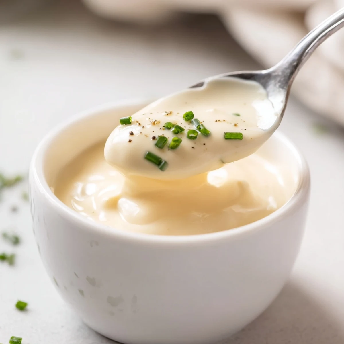 Bowl of Creamy Tangy Sauce with chopped dill, ready for veggie dipping