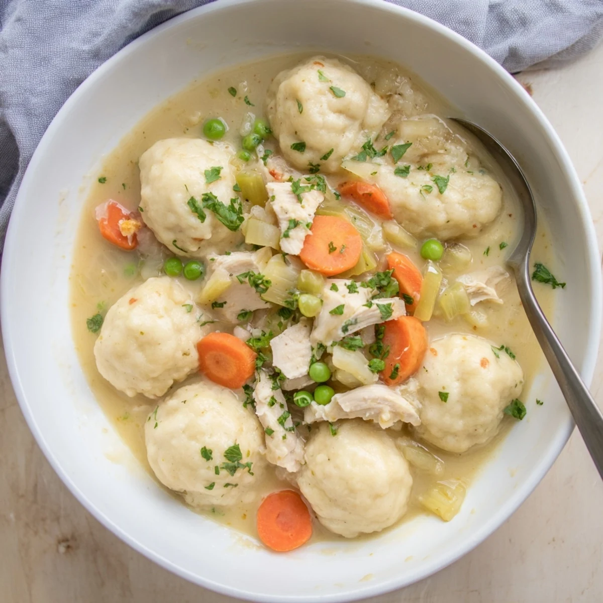 Creamy One Pot Chicken And Dumplings ladled into bowls, carrots and peas