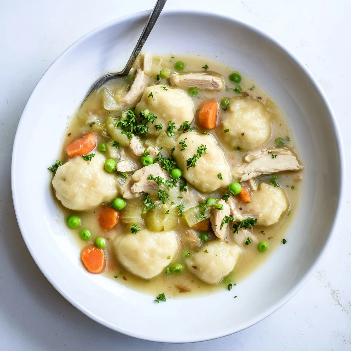 One Pot Chicken And Dumplings steaming in a Dutch oven, pillowy dumplings