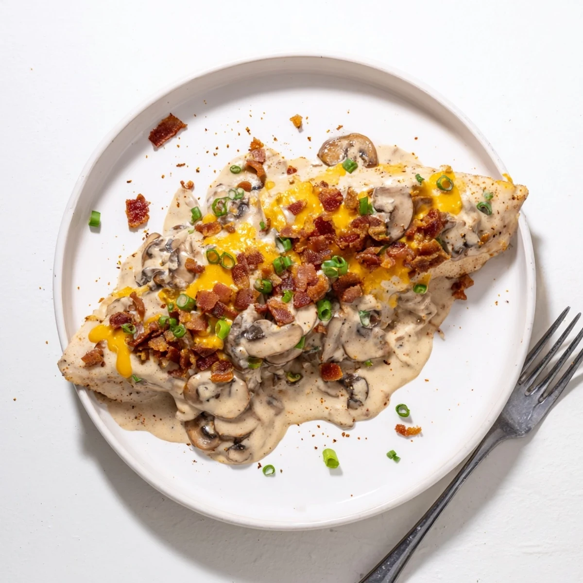 Creamy Mississippi Mud Chicken topped with crispy bacon, mushrooms over mashed potatoes