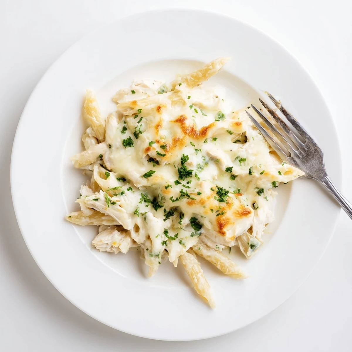 Creamy Chicken Alfredo Bake With Mozzarella Crust, golden bubbling top, steaming