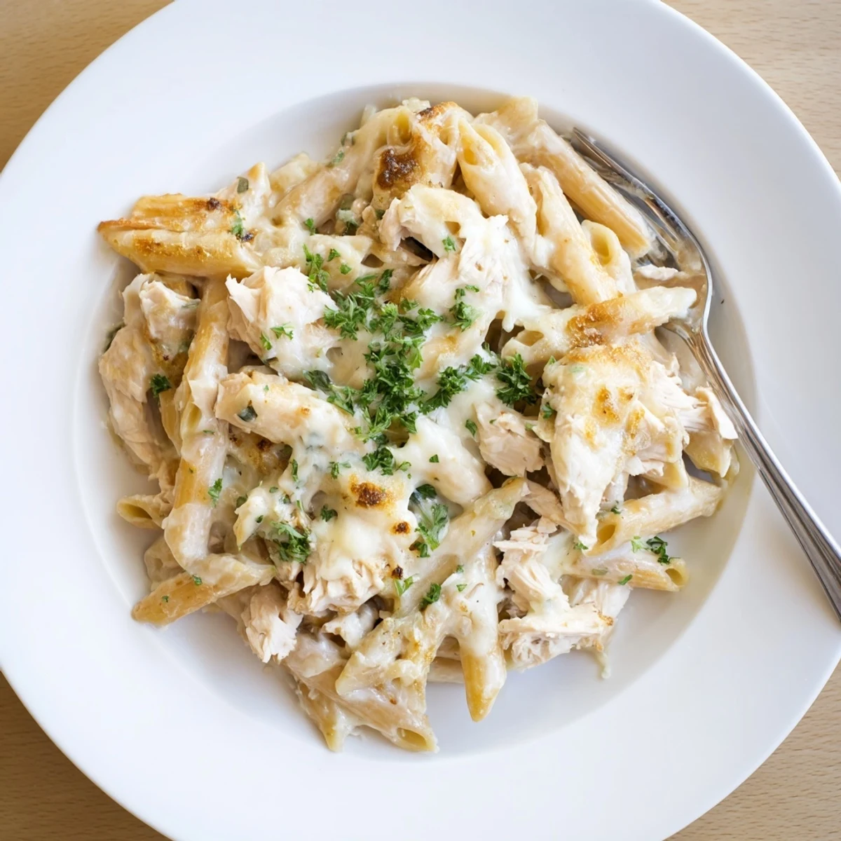 Slice of Creamy Chicken Alfredo Bake With Mozzarella Crust on plate