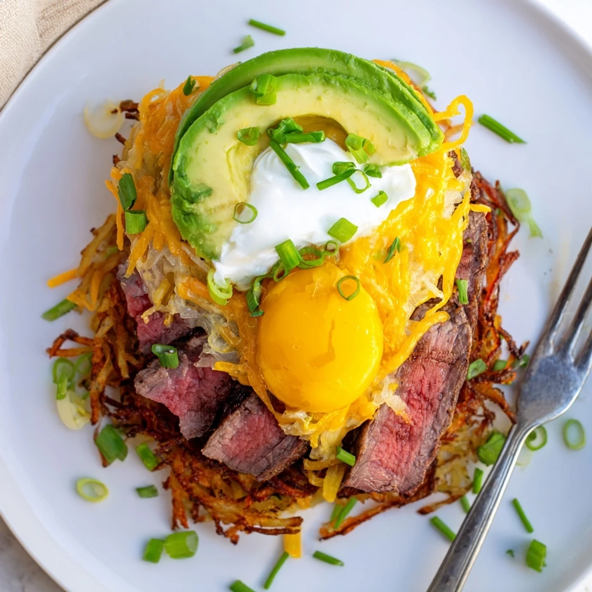 Warm Loaded Steak Egg Hash Brown Stacks Recipe served with cheddar, sour cream