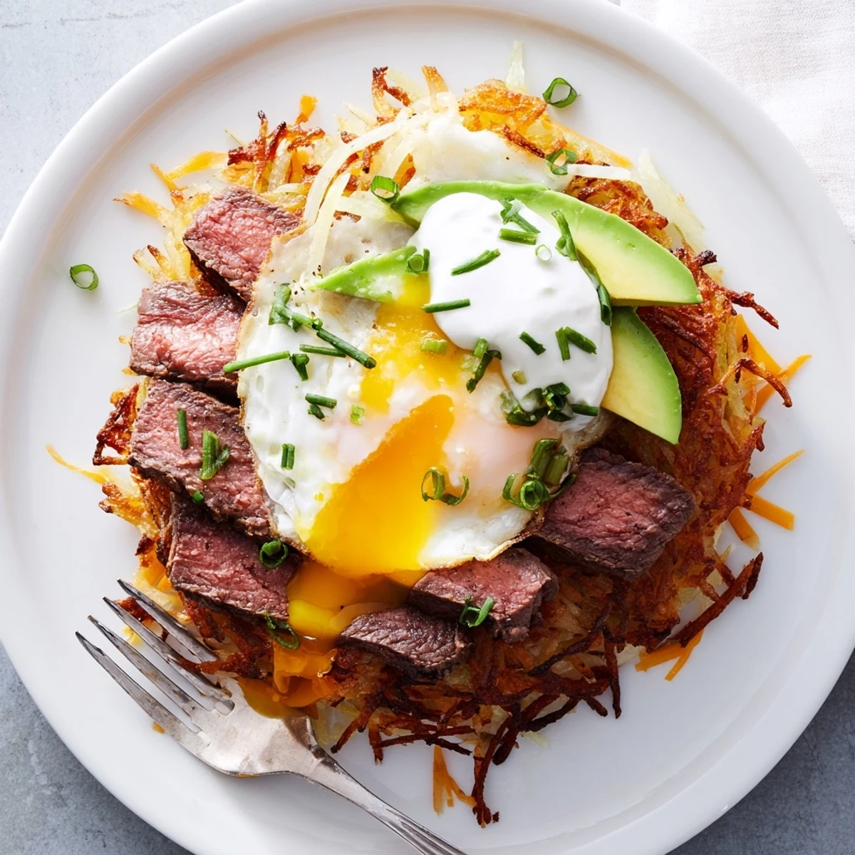 Loaded Steak Egg Hash Brown Stacks Recipe on plate, crispy, juicy, topped with avocado