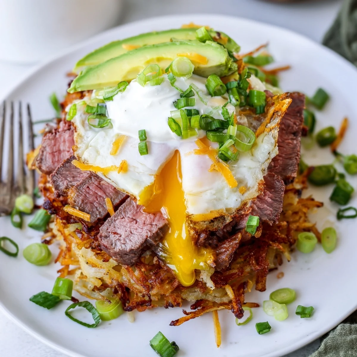 Hearty Loaded Steak Egg Hash Brown Stacks Recipe: seared steak, runny yolk, chives