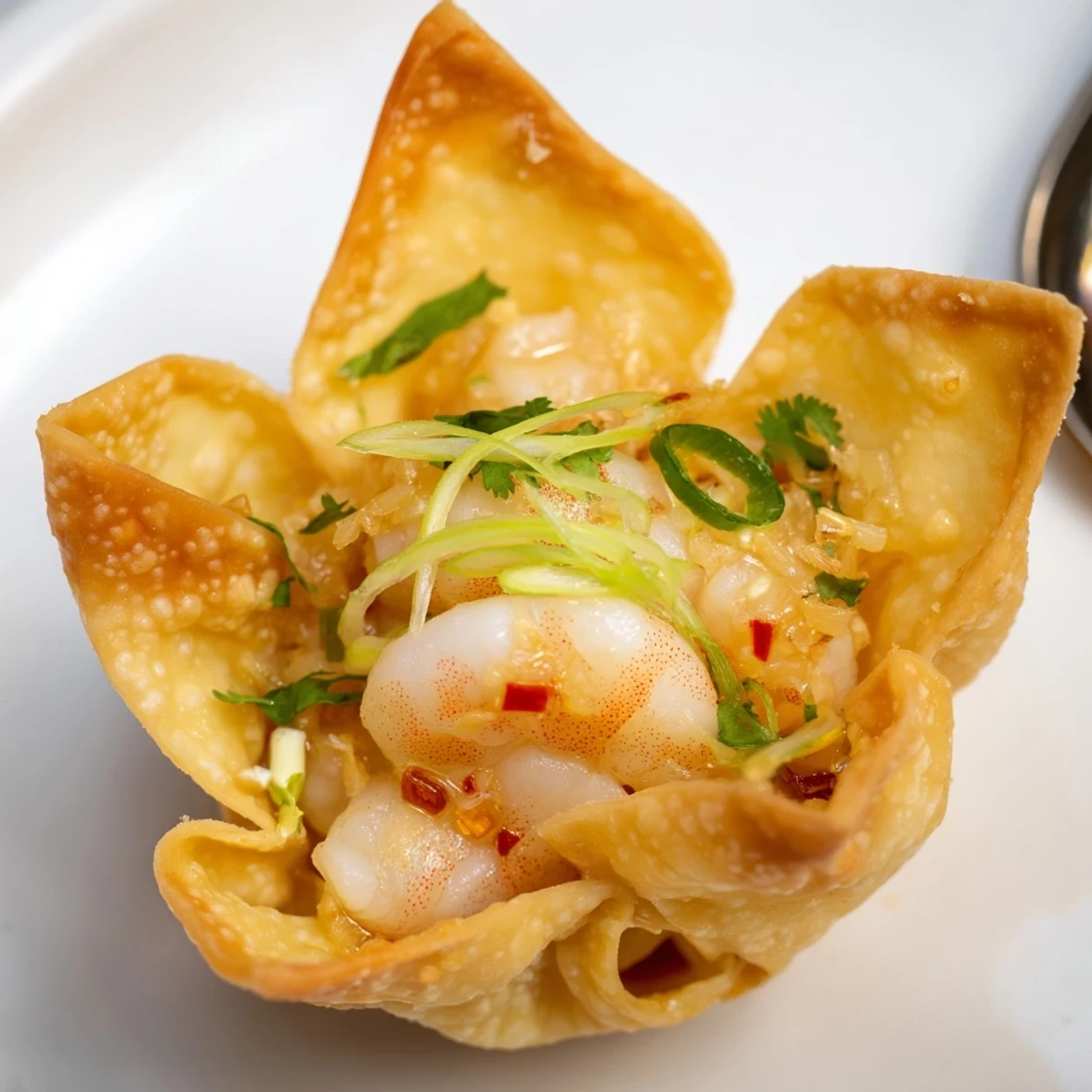 Crispy Shrimp Wonton Cups With Lime Cream, golden cups filled with creamy shrimp