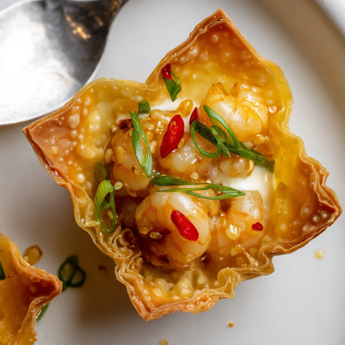 Bite-sized Crispy Shrimp Wonton Cups With Lime Cream garnished with cilantro and scallions