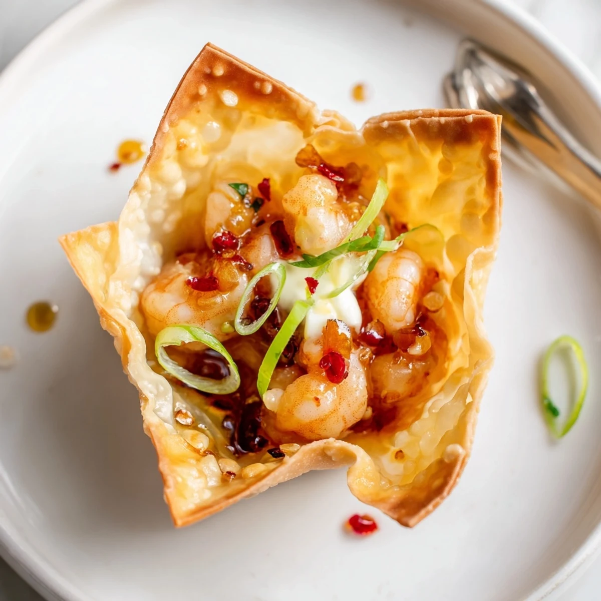Close-up of Crispy Shrimp Wonton Cups With Lime Cream showing zesty lime drizzle