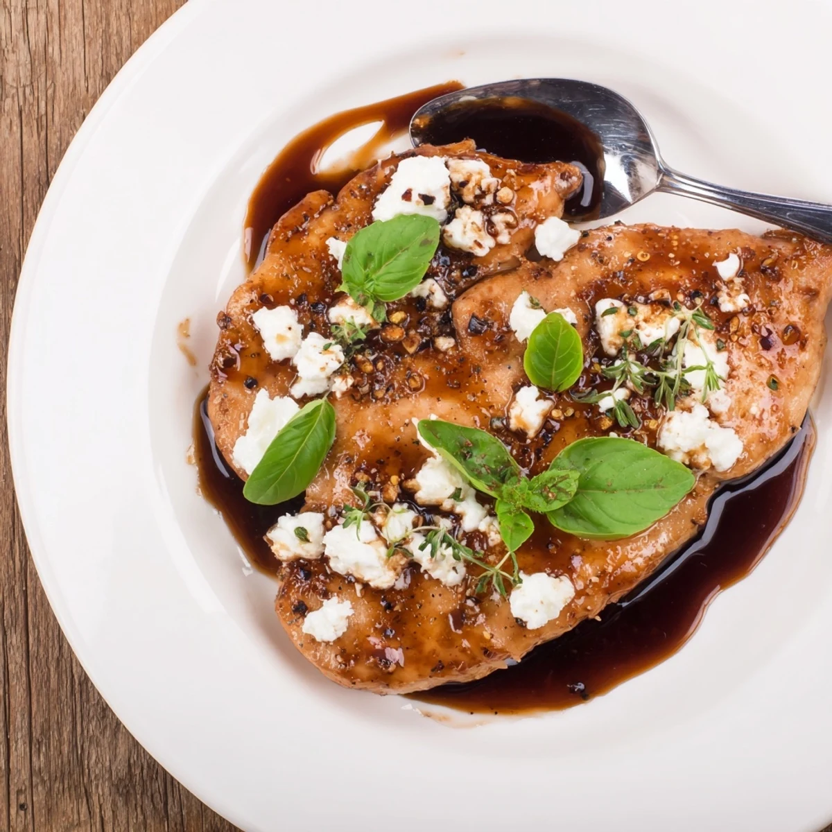 Sweet Tangy Balsamic Chicken with Goat Cheese & Basil drizzled with glossy balsamic reduction