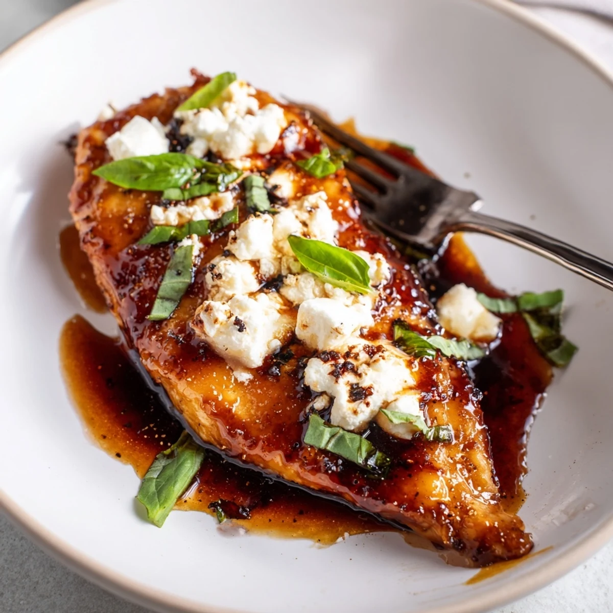 Sweet Tangy Balsamic Chicken with Goat Cheese & Basil on creamy mashed potatoes