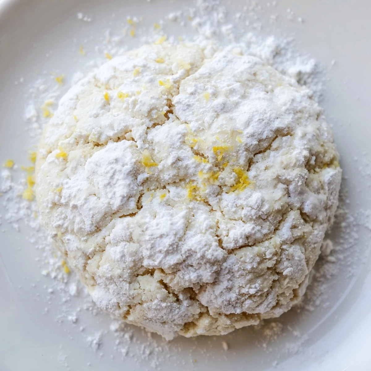 Soft chewy lemon pixie cookies dusted with white powdered sugar on a white plate