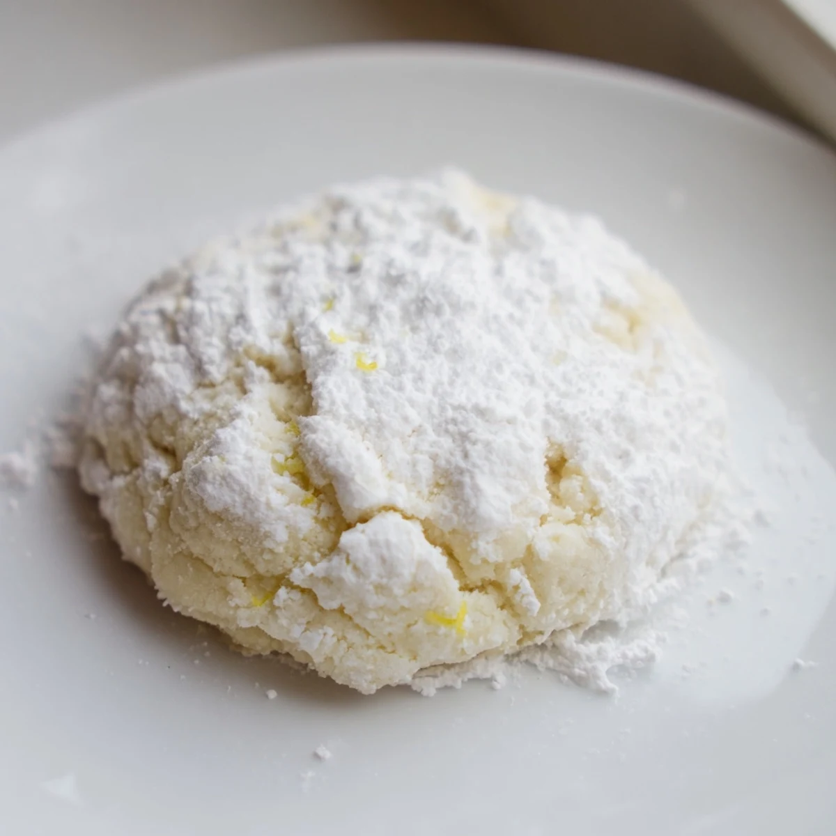 Plate of bright tangy lemon pixie cookies coated in a thick layer of powdered sugar