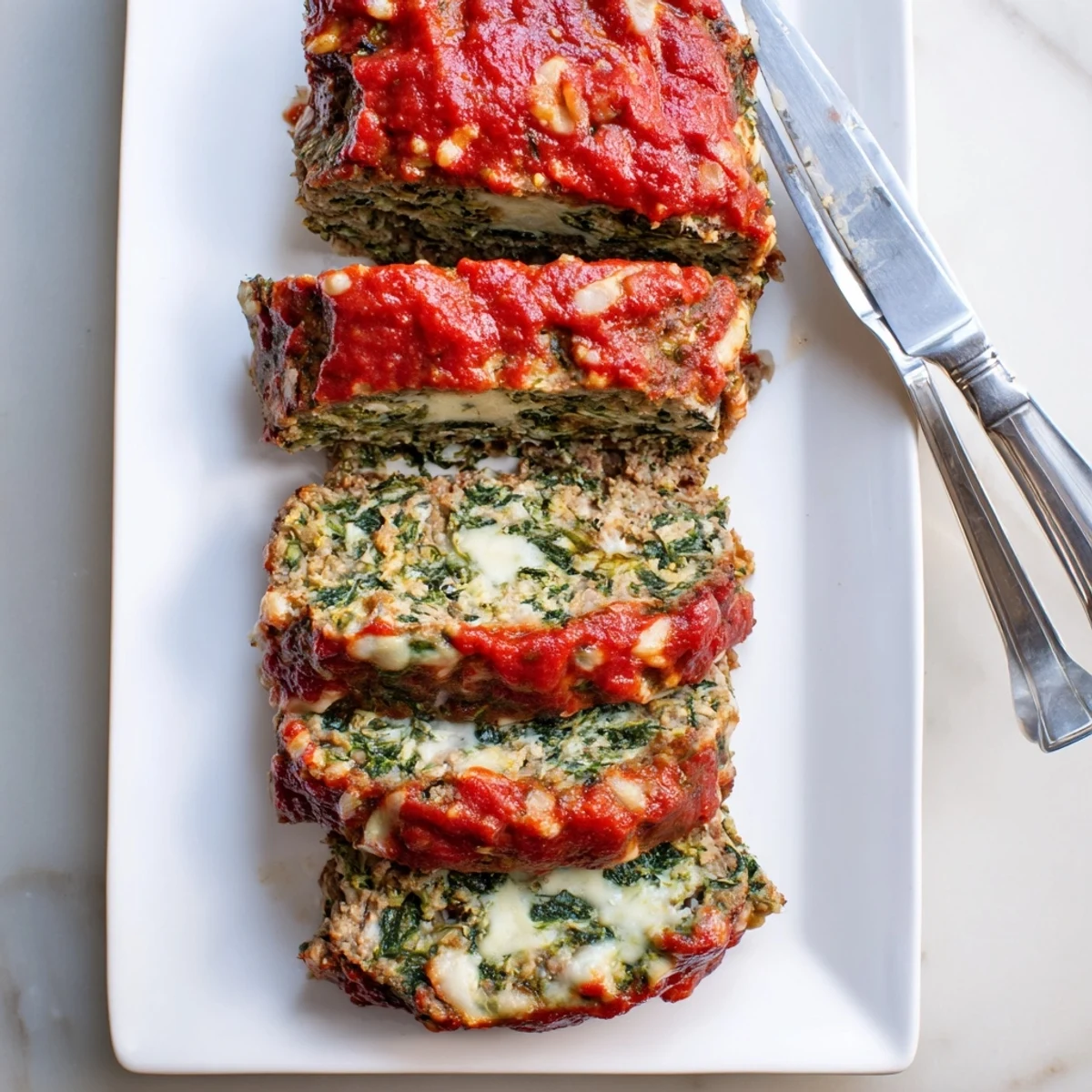 Savory Italian spinach mozzarella meatloaf topped with marinara sauce, ready for comforting family dinner