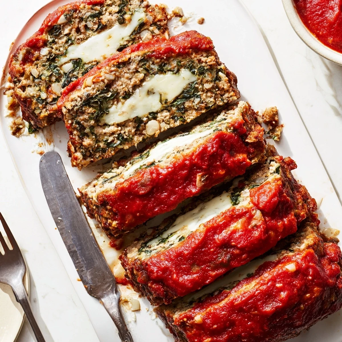 Golden baked meatloaf with melted mozzarella and fresh spinach slices on white serving plate