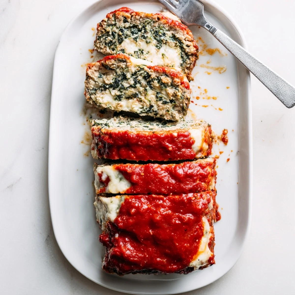 Homemade Italian meatloaf featuring tender spinach and gooey cheese, garnished with basil leaves