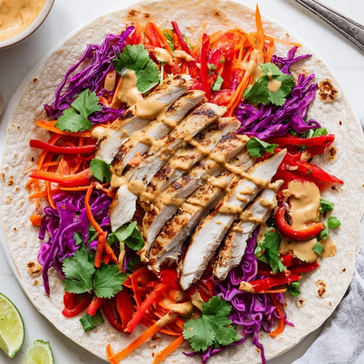 Fresh Thai peanut chicken wraps filled with colorful vegetables and creamy peanut sauce