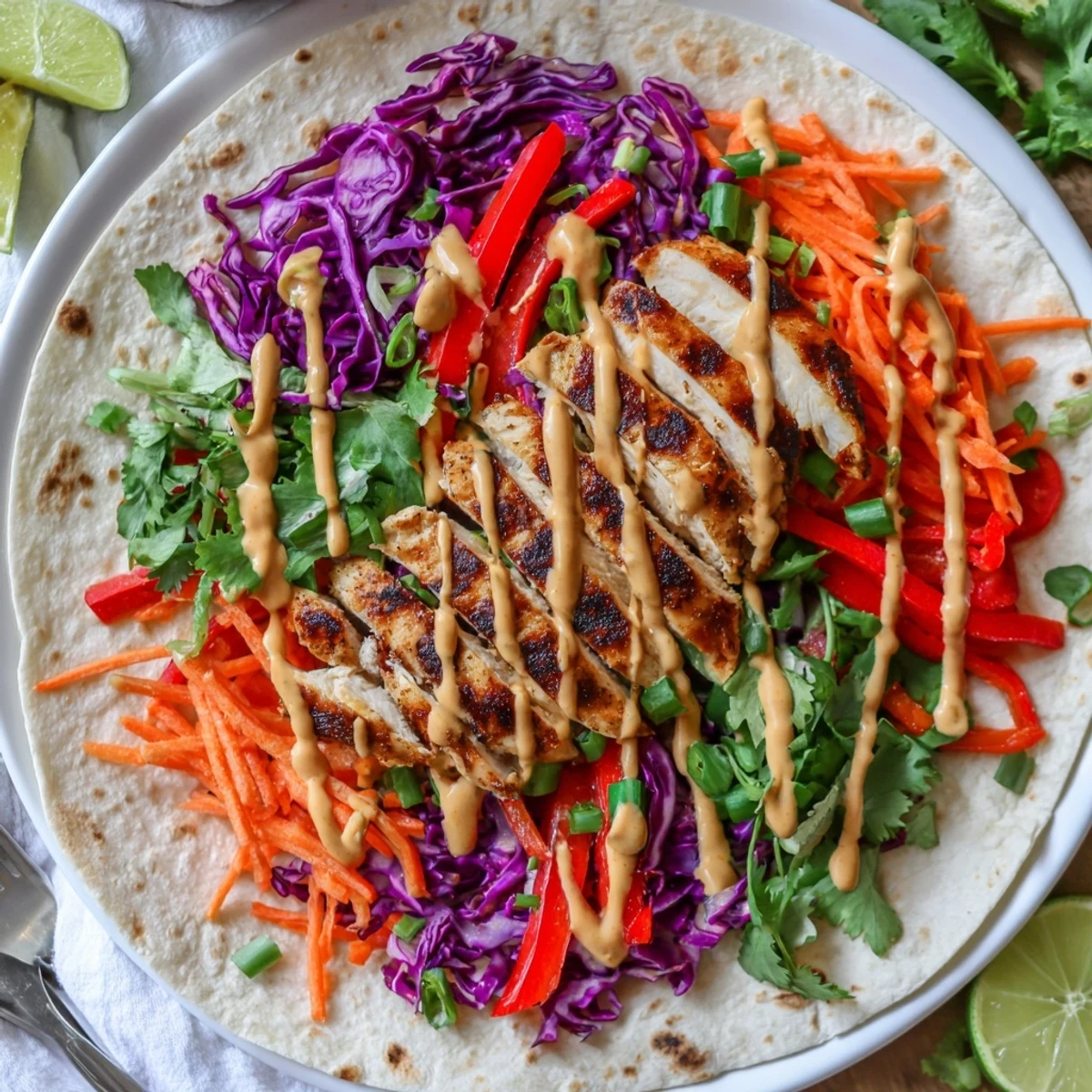 Sliced chicken and crunchy vegetables wrapped in tortillas with rich Thai peanut dressing