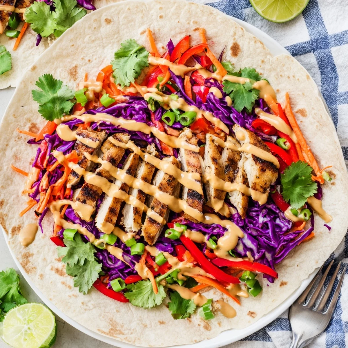 Handheld Thai peanut chicken wraps featuring juicy meat, crisp veggies, and savory sauce