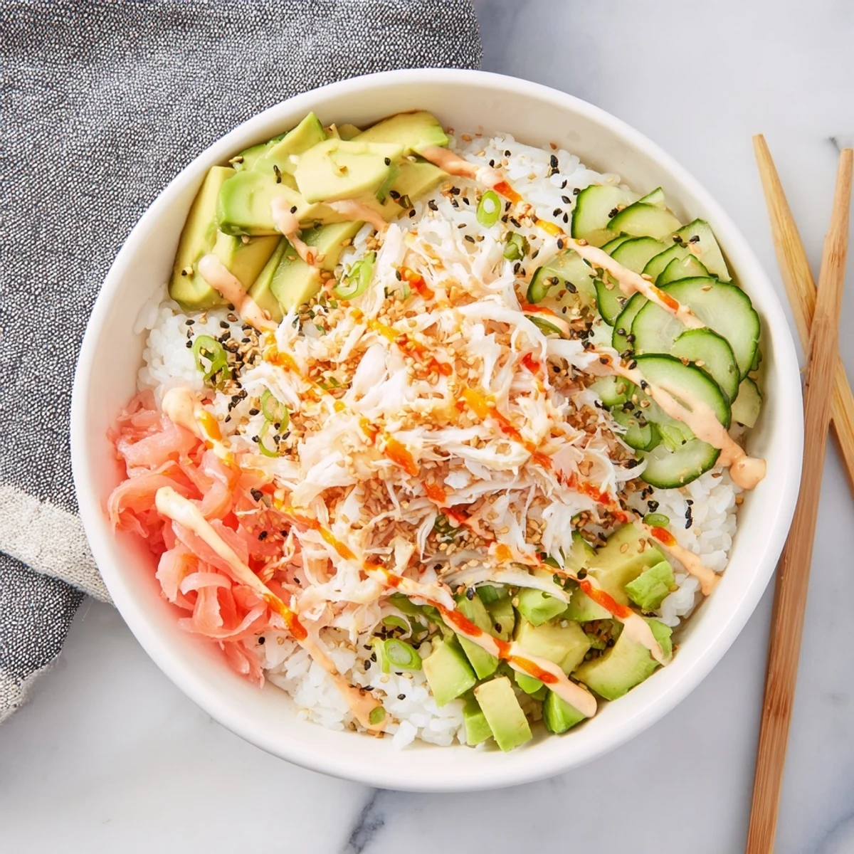 Deconstructed California roll sushi bowl with fluffy rice, imitation crab, creamy avocado and crisp cucumber