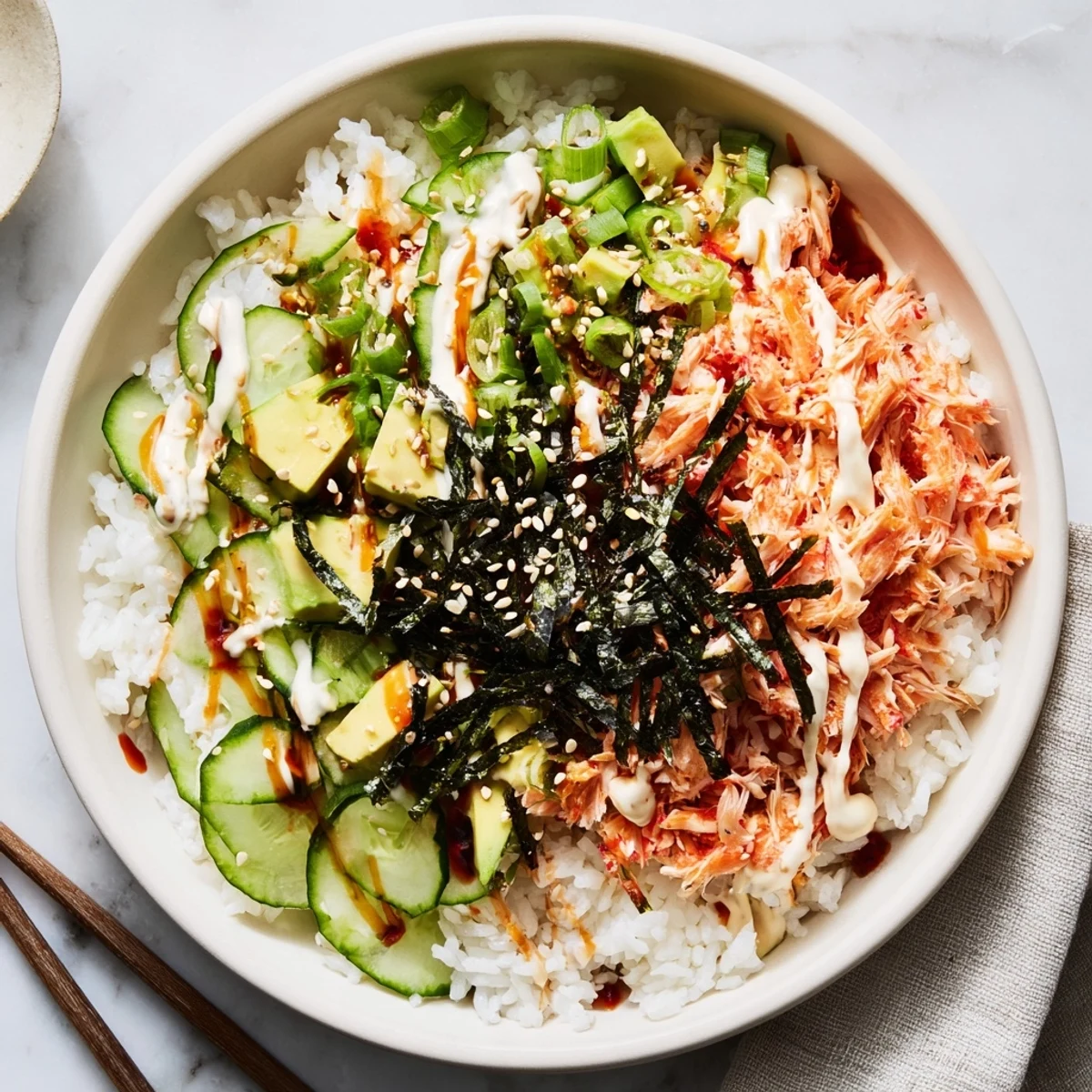 Vibrant sushi bowl featuring seasoned rice topped with fresh crab, avocado, nori strips and spicy mayo drizzle