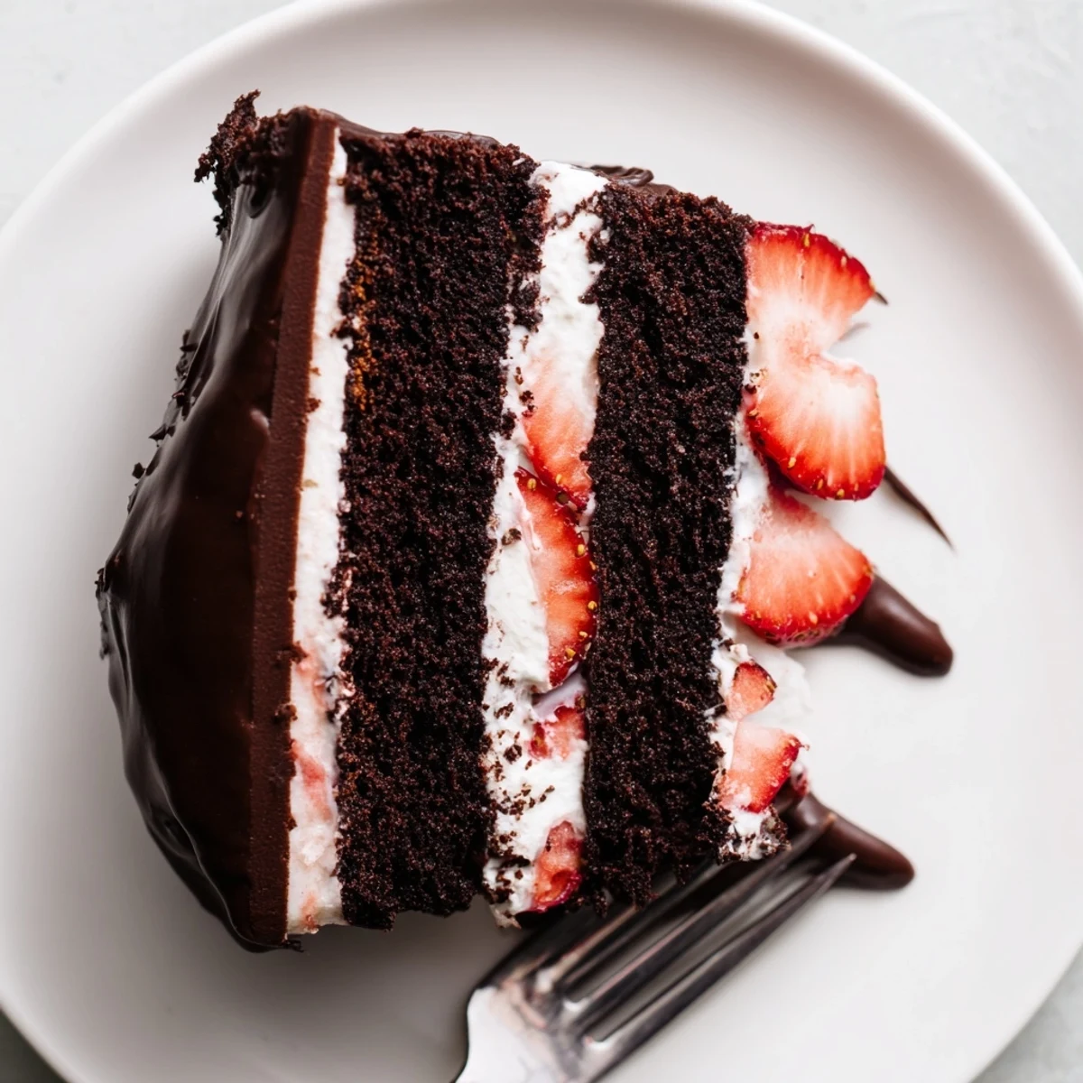 Decadent strawberry chocolate cake recipe featuring layered chocolate sponge with fresh sliced strawberries and glossy ganache dripping down the sides