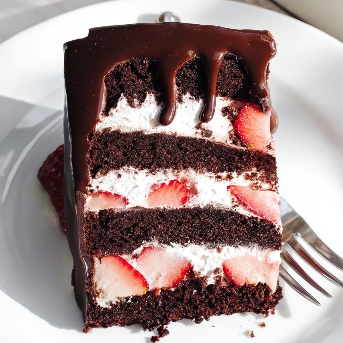 Homemade strawberry chocolate cake recipe showing two round cake layers stacked with whipped cream filling and topped with chocolate glaze and berry garnish