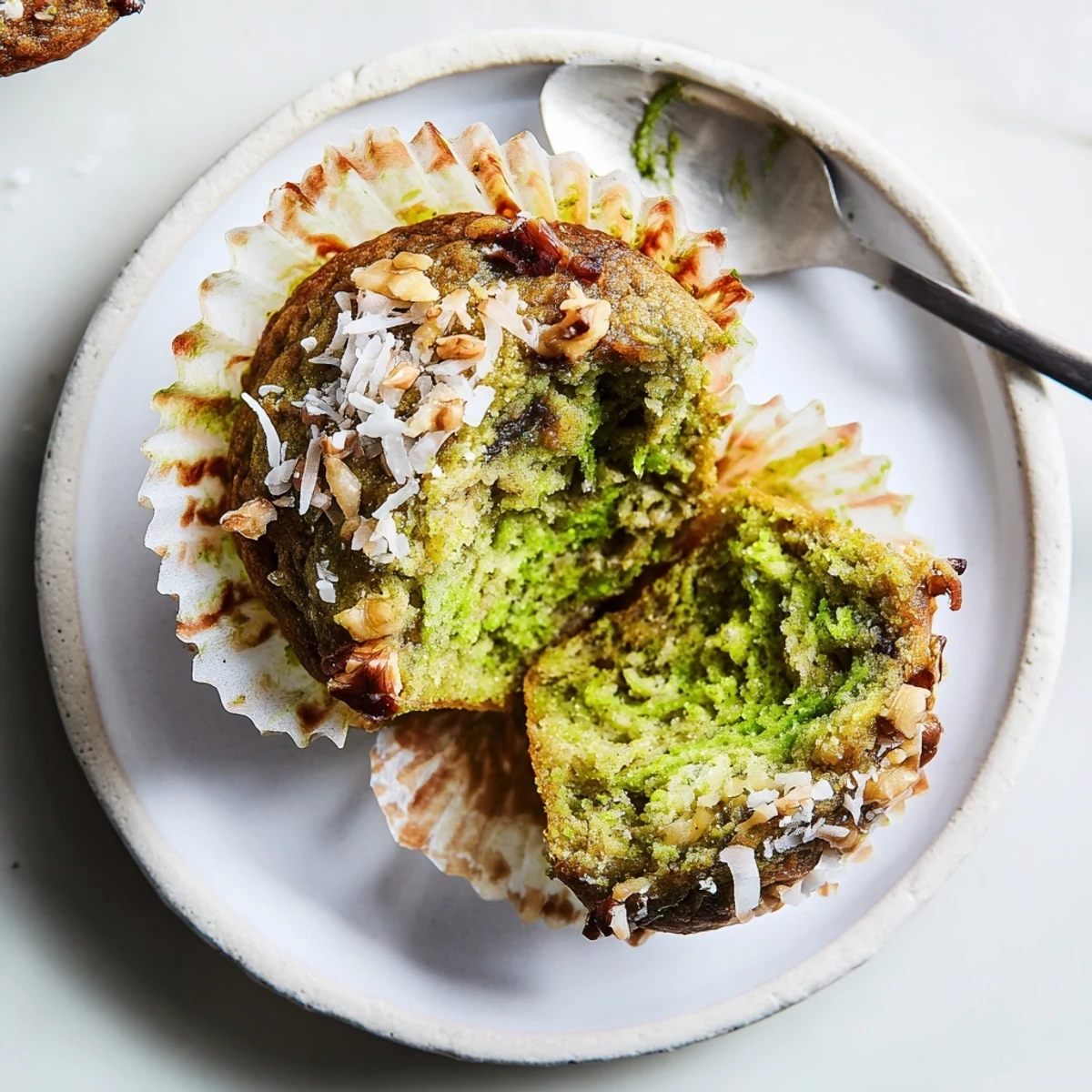 Warm Matcha Banana Coconut Muffins topped with toasted coconut, fluffy crumb, ready for breakfast