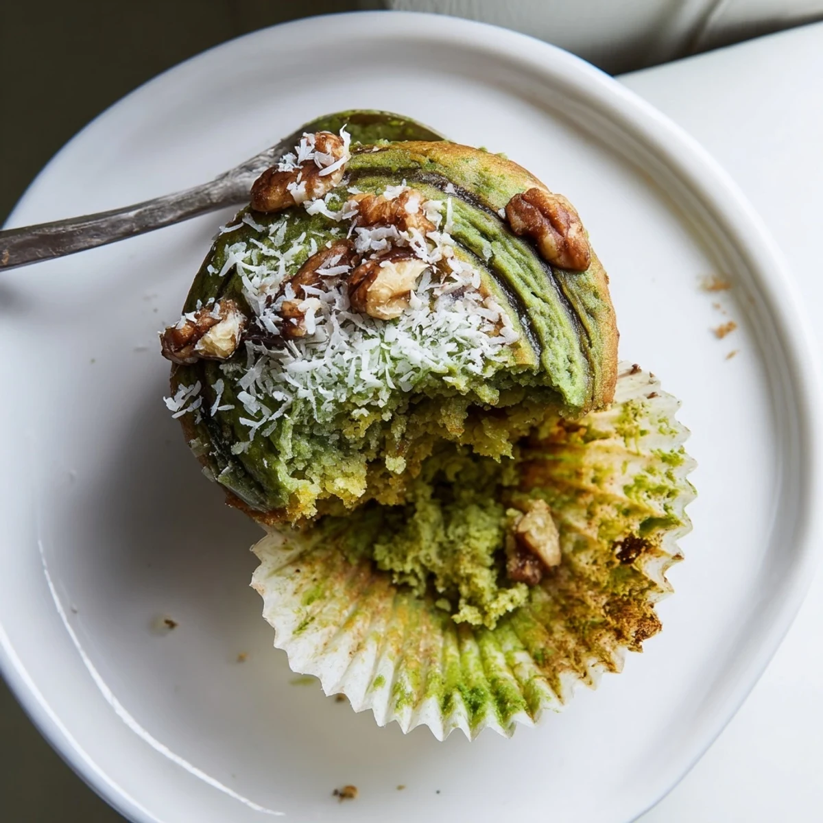 Freshly baked Matcha Banana Coconut Muffins cooling on rack, sweet banana aroma